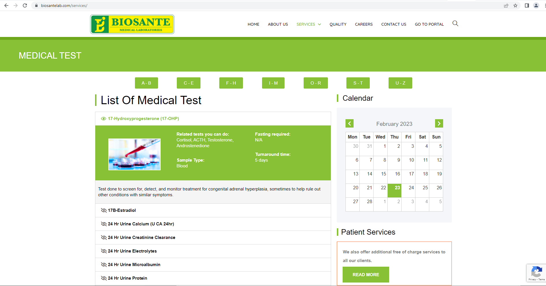 Biosante - List of Medical Test